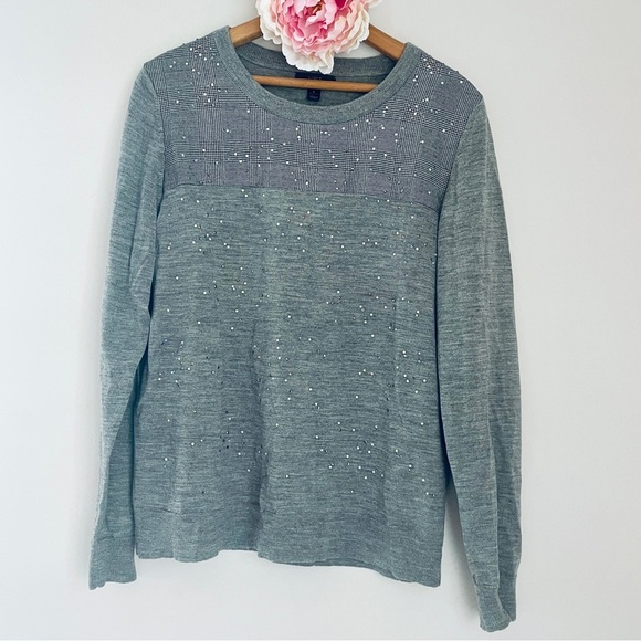 J. Crew Gray Glen Plaid Yoke Jeweled Sweater Wool Large - Picture 2 of 11